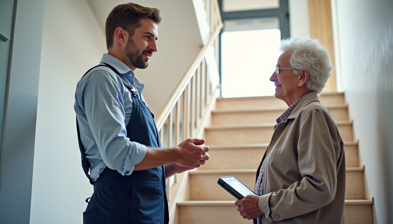 Technicien en train de présenter un devis pour un monte-escalier à un couple âgé à Archigny