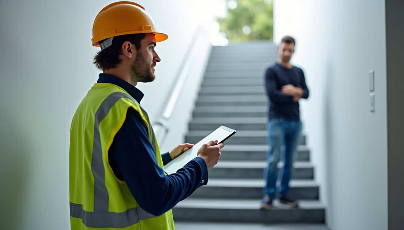 Technicien en train de présenter un devis pour un monte-escalier à un résident de Bagnères-de-Luchon