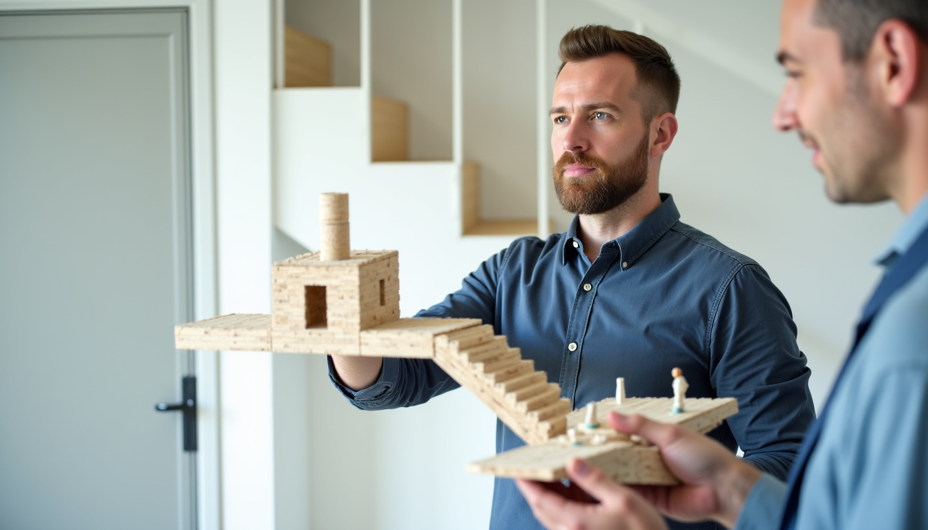 Technicien en train de présenter un modèle de monte-escalier à un client à Tercis-les-Bains