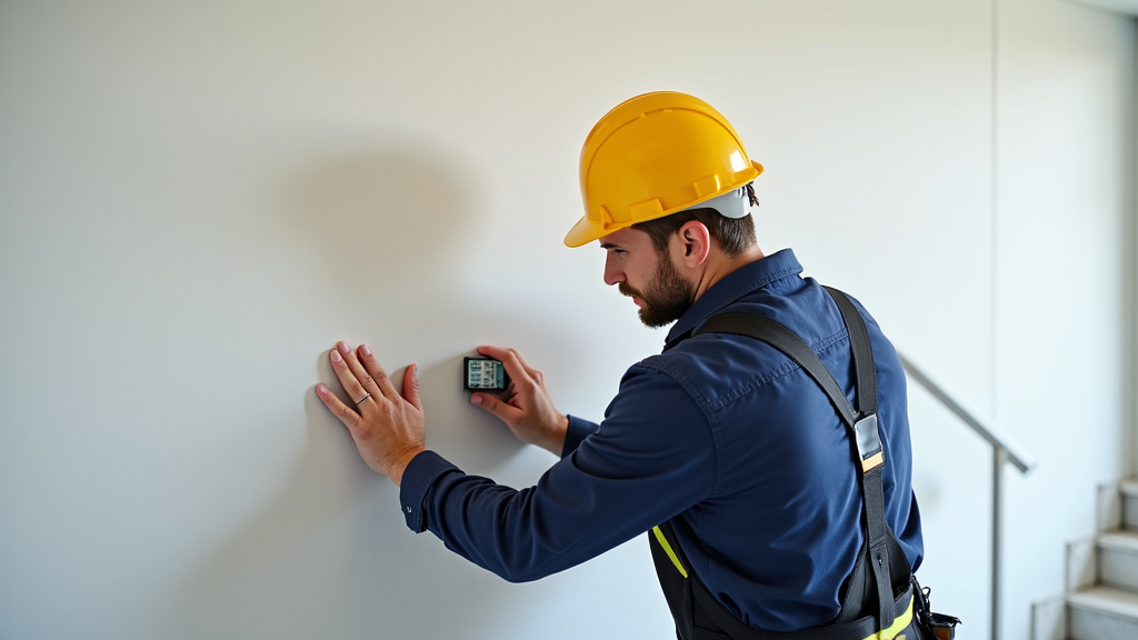 Technicien en train de procéder à une installation de monte-escalier à Saint-Genest-Malifaux