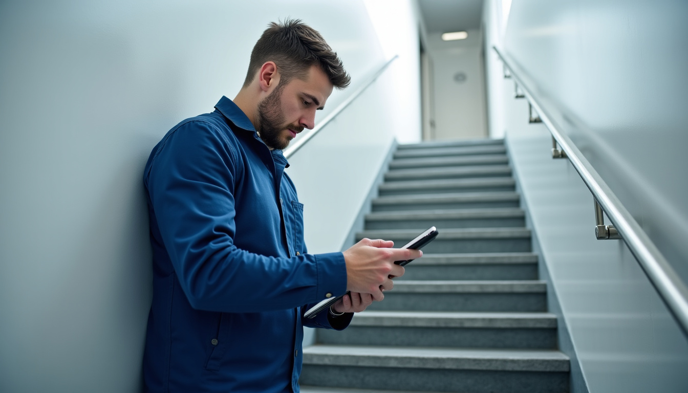 Technicien en train de réaliser un diagnostic sur un escalier à Saint-Nicolas-de-la-Grave