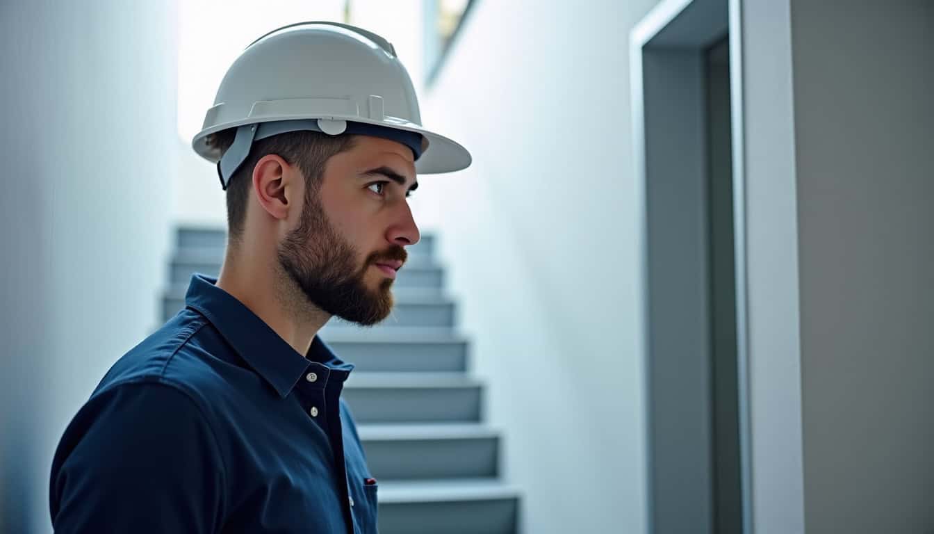 Technicien en train de réaliser un diagnostic technique pour un monte-escalier à Bourgoin-Jallieu
