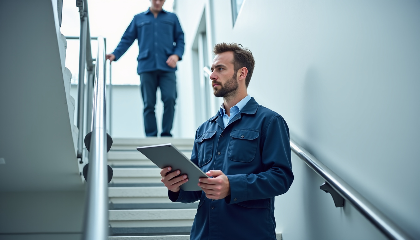 Technicien en train de réaliser un diagnostic technique sur un escalier à Saint-Aubin-sur-Mer