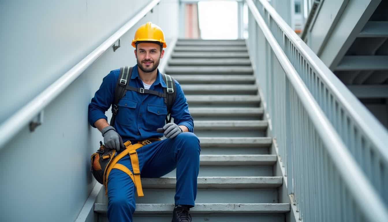 Technicien en train de réaliser un entretien de maintenance sur un monte-escalier à Enghien-les-Bains