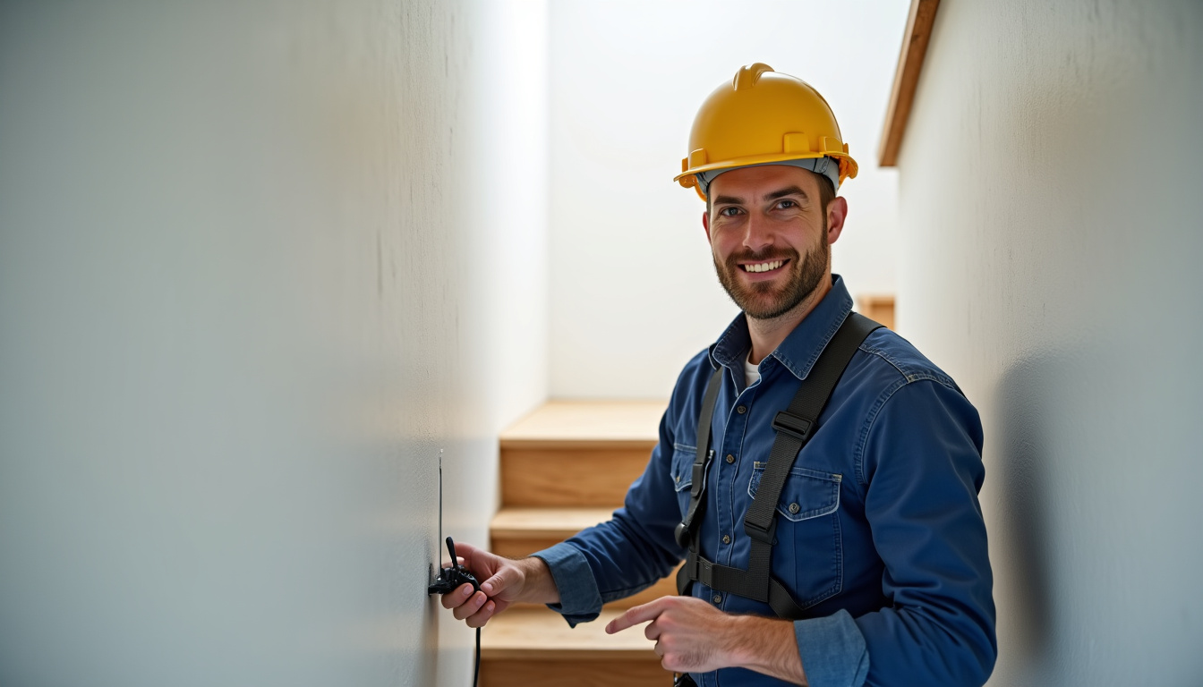 Technicien en train de vérifier le bon fonctionnement d’un monte-escalier dans une maison de Tucquegnieux