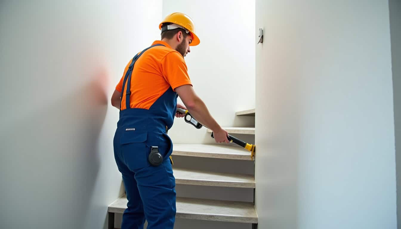 Technicien en train de vérifier le bon fonctionnement d’un monte-escalier dans une maison des Hauts-de-France