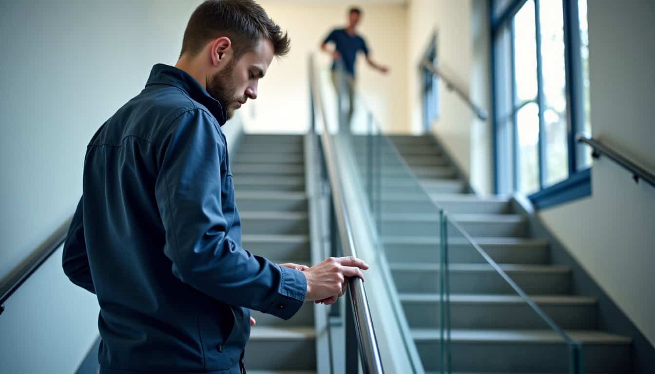 Technicien en train de vérifier le bon fonctionnement d’un monte-escalier lors d’un entretien annuel à Vals-les-Bains