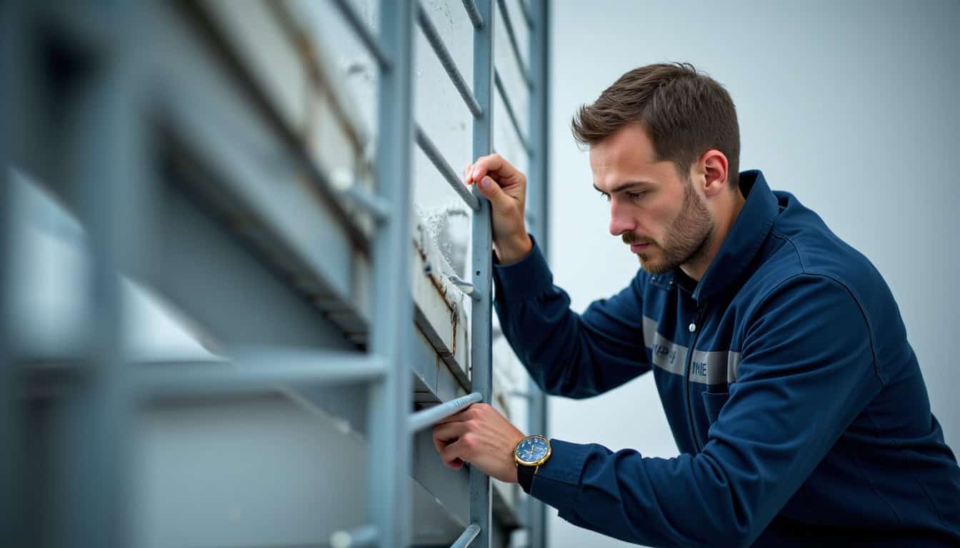 Technicien en train de vérifier les composants d’un monte-escalier lors d’un entretien annuel à La Bâtie-Rolland