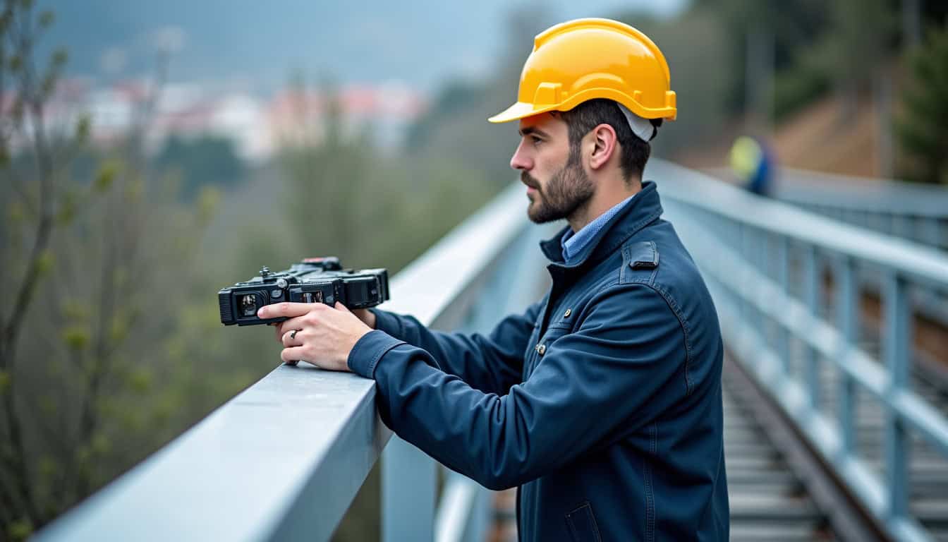 Technicien en train de vérifier un monte-escalier à Arzano, montrant le contrôle des capteurs et du rail