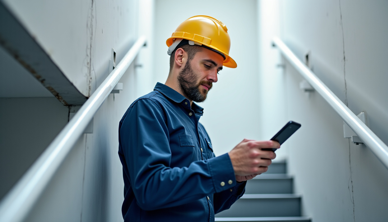 Technicien en train de vérifier un monte-escalier à Fresnay-sur-Sarthe