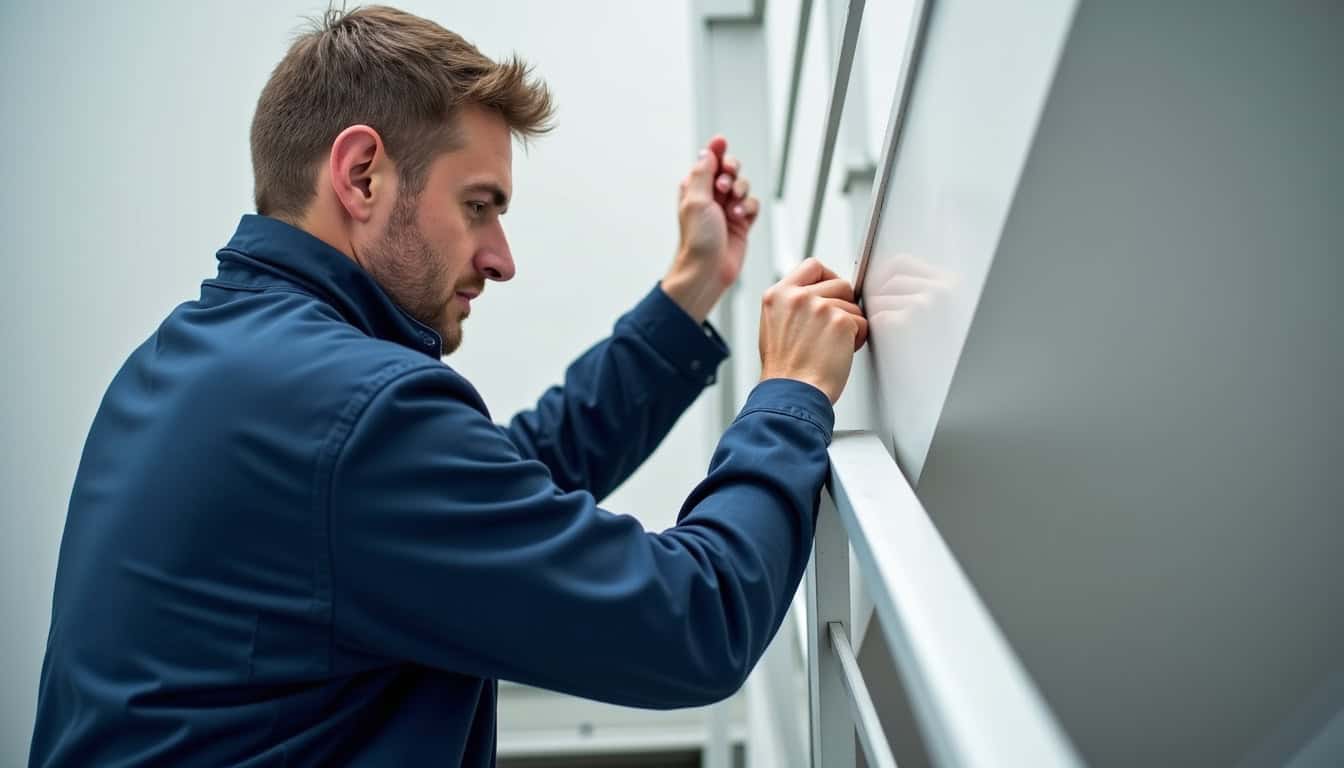 Technicien en train de vérifier un monte-escalier à Grenay