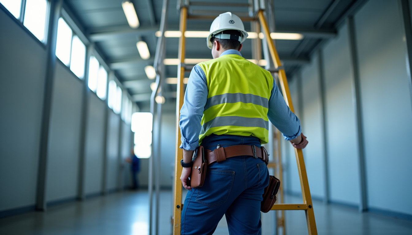 Technicien en train de vérifier un monte-escalier à Lampaul-Plouarzel