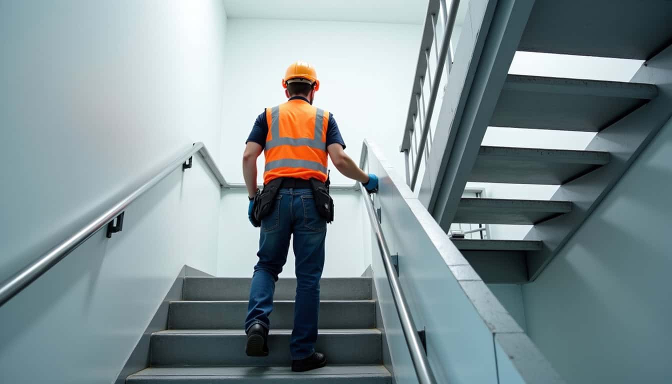 Technicien en train de vérifier un monte-escalier à Romans-sur-Isère