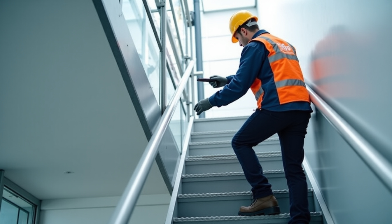 Technicien en train de vérifier un monte-escalier à Saint-Mars-la-Réorthe