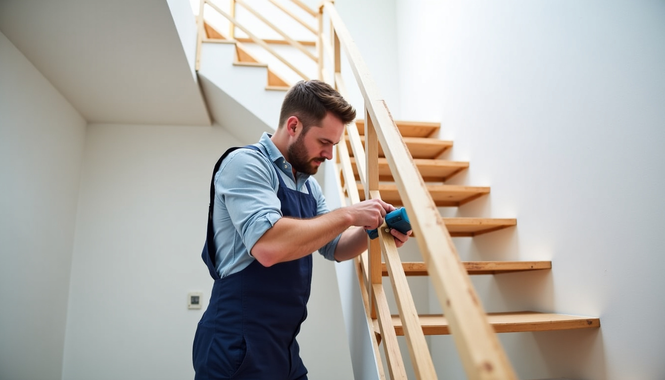Technicien en train de vérifier un monte-escalier dans une maison à Saint-Paul-et-Valmalle