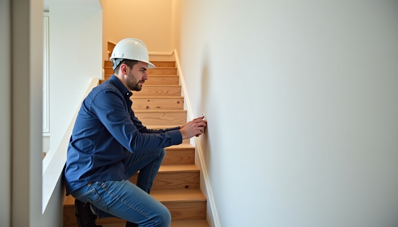 Technicien en train de vérifier un monte-escalier dans une maison des Vosges