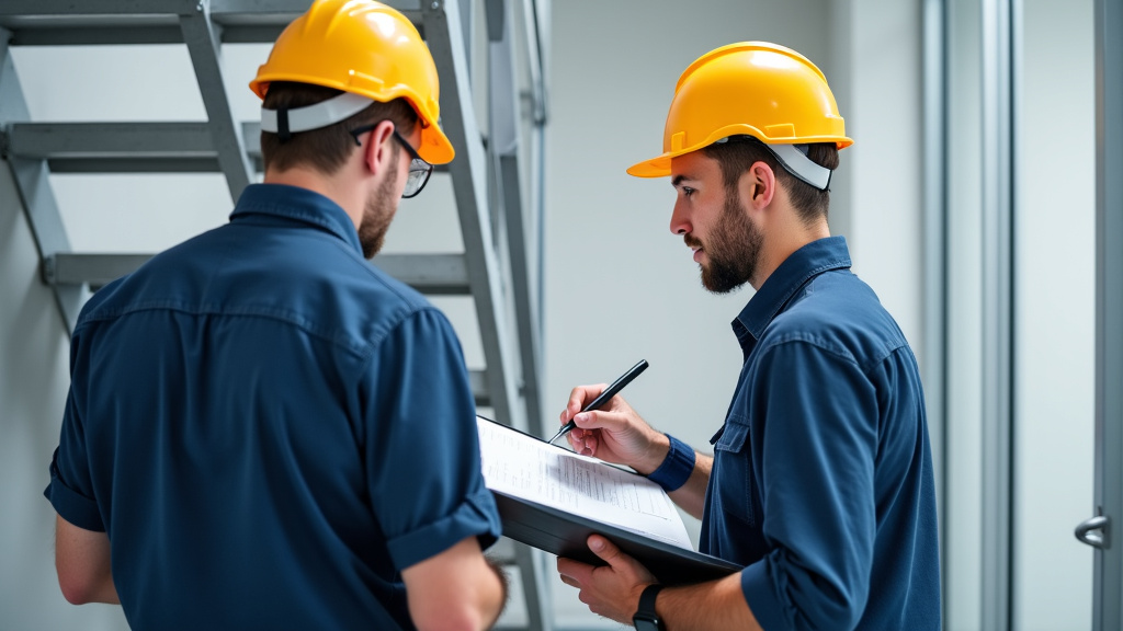 Technicien en train de vérifier un monte escalier installé à Feuchy, avec des outils de diagnostic et un carnet d