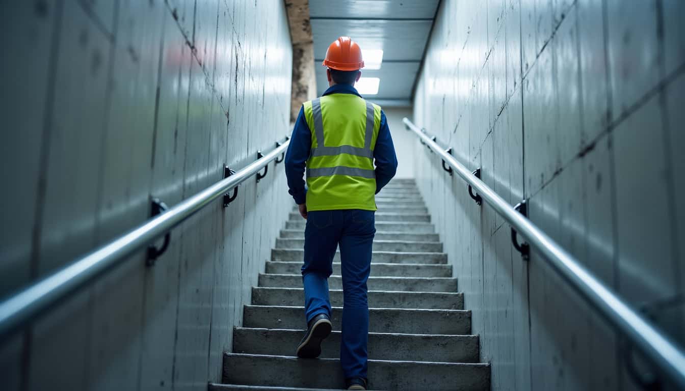 Technicien en train de vérifier un monte-escalier installé à Sainte-Marie-aux-Mines