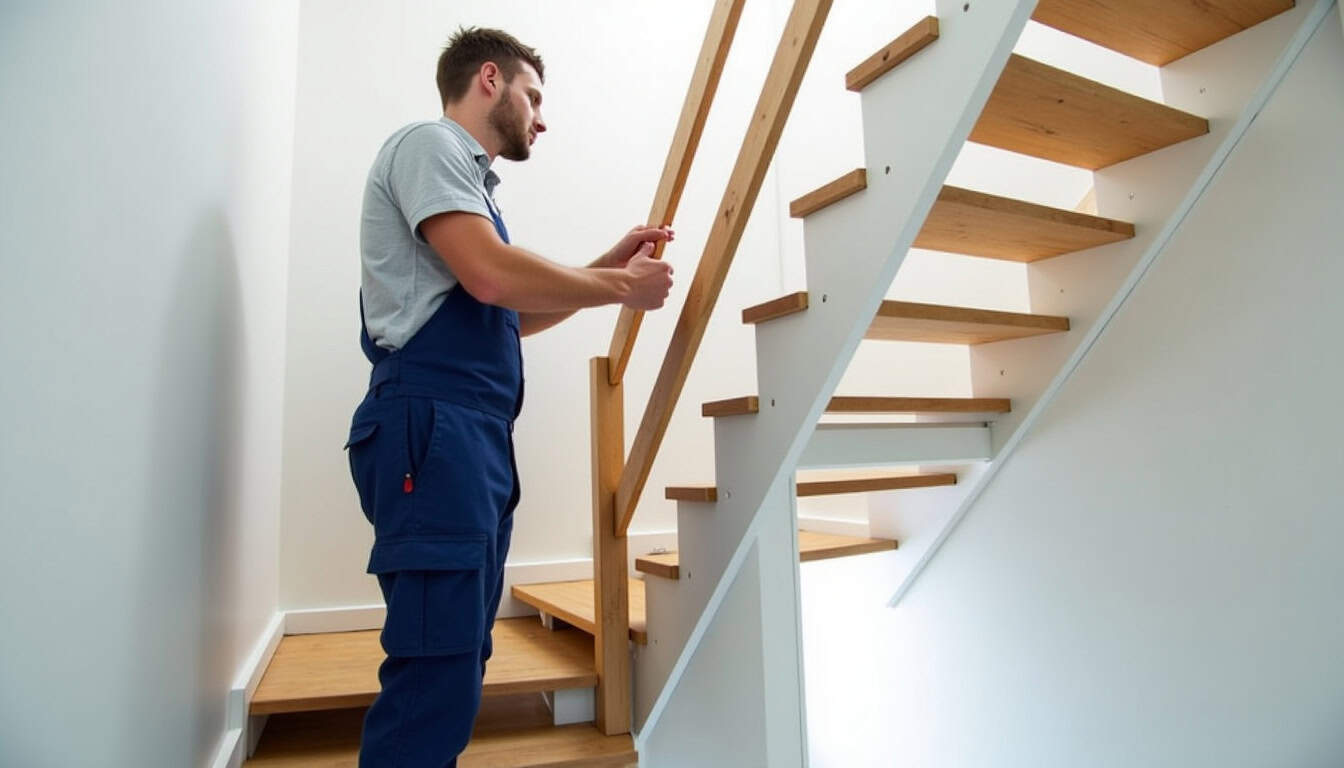 Technicien en train de vérifier un monte-escalier installé dans une maison à Vaux-en-Beaujolais
