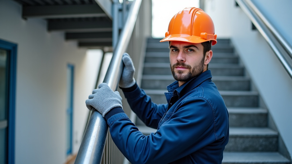 Technicien en train de vérifier un monte-escalier lors d’un entretien à Saint-Jean-Saint-Maurice-sur-Loire