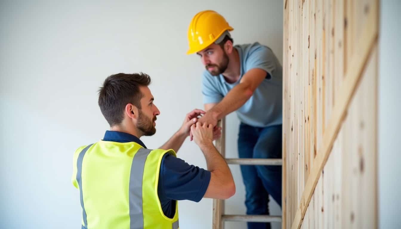 Technicien en train de vérifier un monte-escalier tournant après installation dans une maison à Sainte-Foy-d’Aigrefeuille