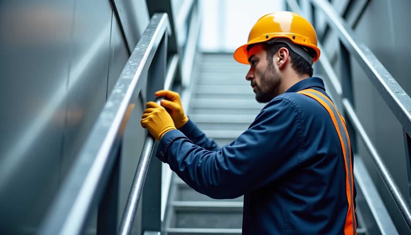 Technicien en train d’effectuer la maintenance d’un monte-escalier à Baie-Mahault