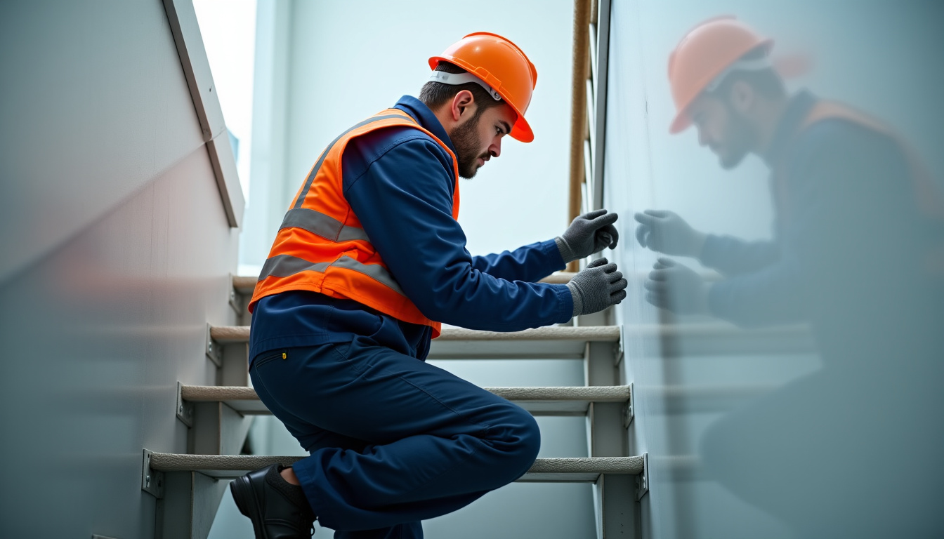 Technicien en train d’effectuer la maintenance d’un monte-escalier à Les Pieux