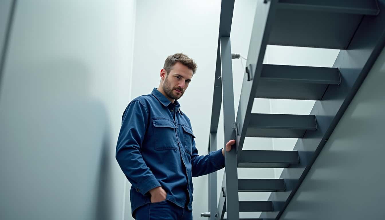 Technicien en train d’effectuer la maintenance d’un monte-escalier à Saclay