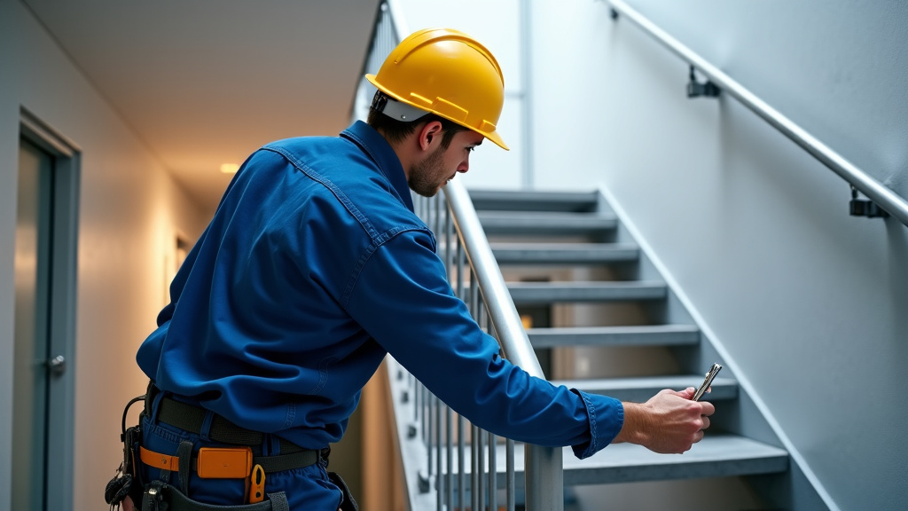 Technicien en train d’effectuer la maintenance d’un monte-escalier dans le Val-d’Oise
