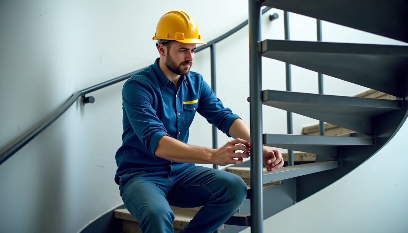 Technicien en train d’effectuer l’entretien d’un monte-escalier à Creys-Mépieu