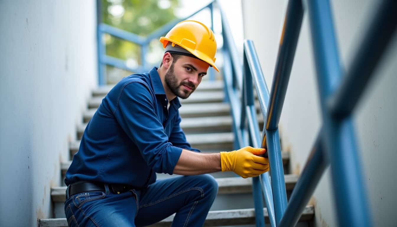 Technicien en train d’effectuer l’entretien d’un monte-escalier à Saint-Alban-sur-Limagnole