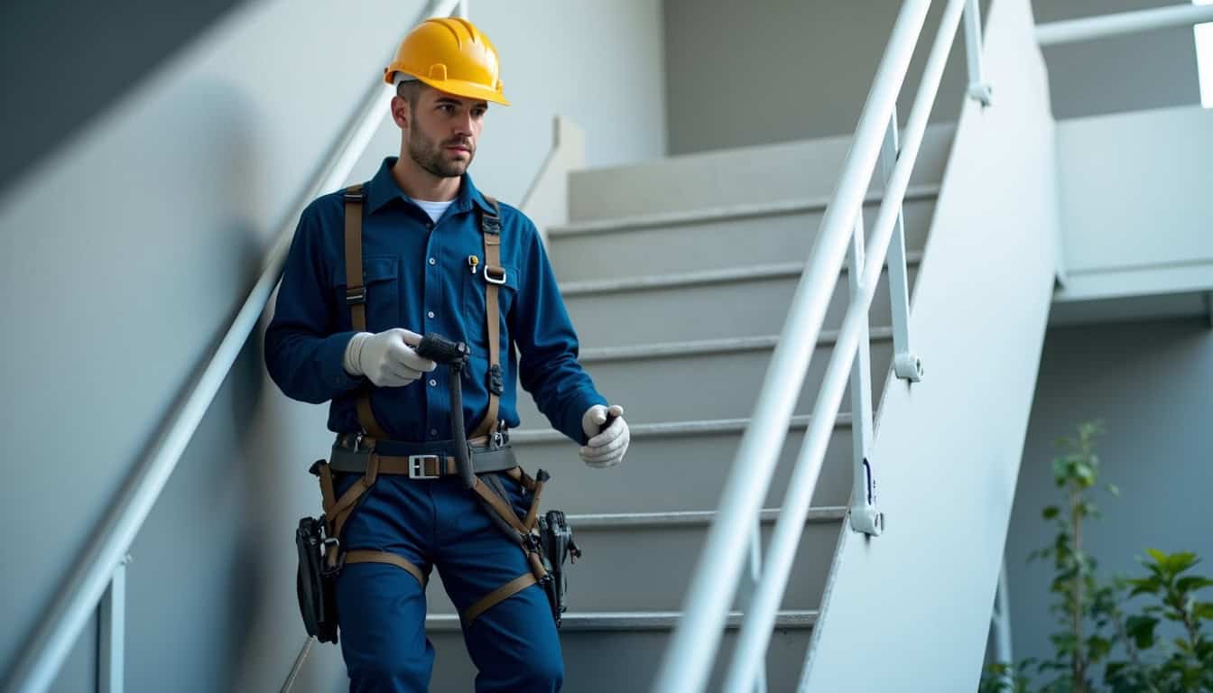 Technicien en train d’effectuer un contrôle de maintenance sur un monte-escalier à Saint-Privat