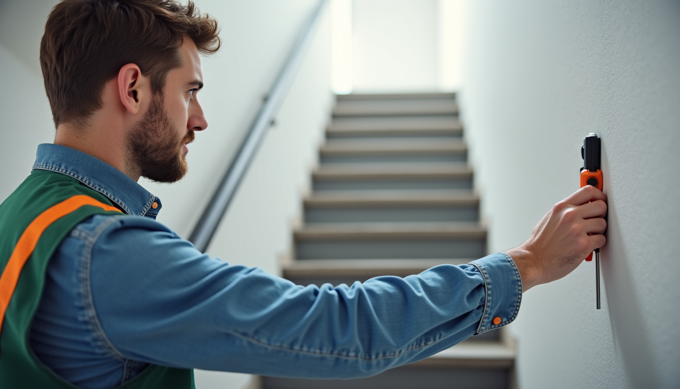Technicien en train d’effectuer un diagnostic sur un escalier pour l’installation d’un monte-escalier à Bellevigne