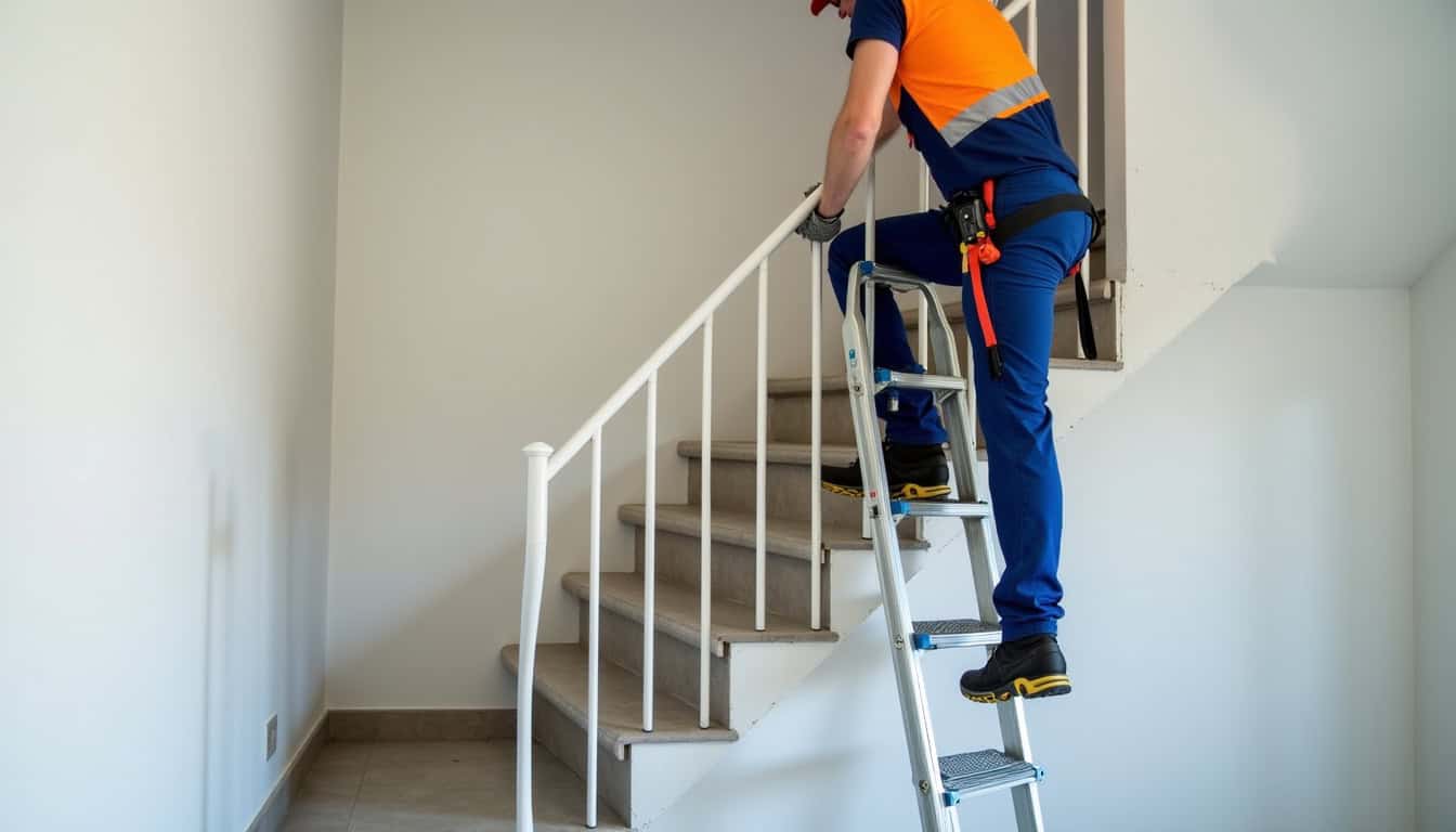 Technicien en train d’effectuer une maintenance préventive sur un monte-escalier installé dans une maison d’Alboussière