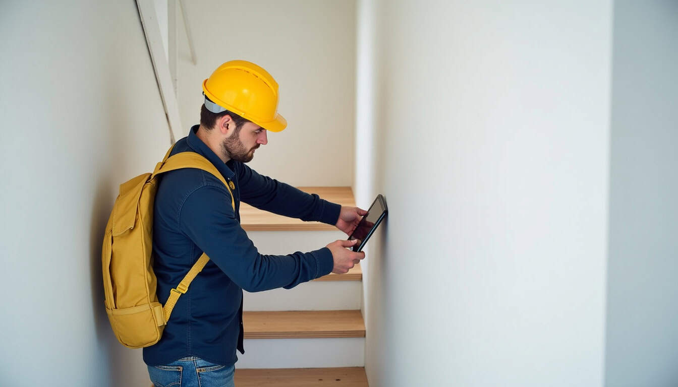 Technicien en train d’effectuer une visite technique pour un monte-escalier dans une maison de Saint-Maur-des-Fossés