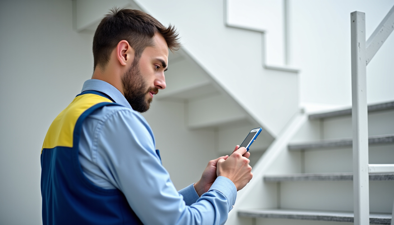 Technicien en train d’inspecter un escalier à Glomel pour une installation de monte-escalier sur mesure