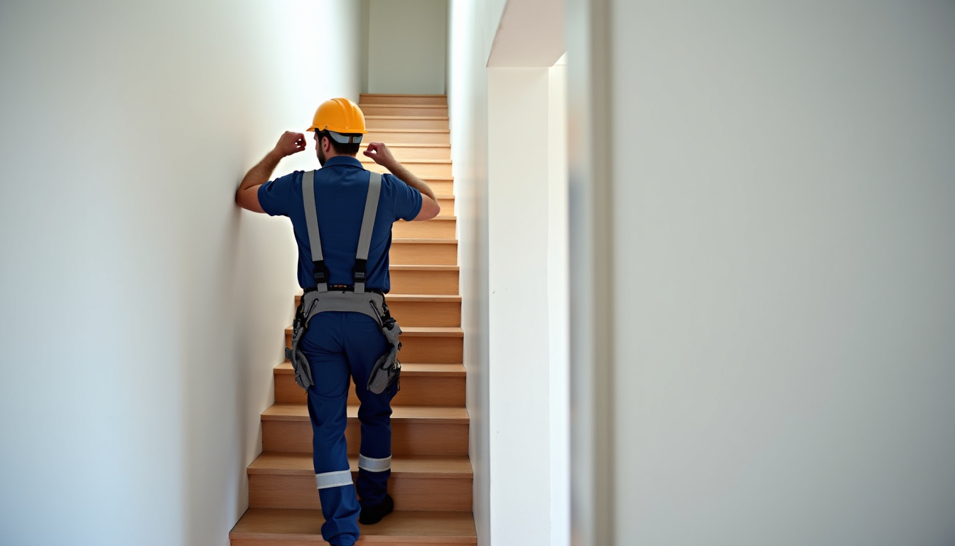 Technicien en train d’inspecter un escalier pour installation de monte-escalier à Fère-en-Tardenois