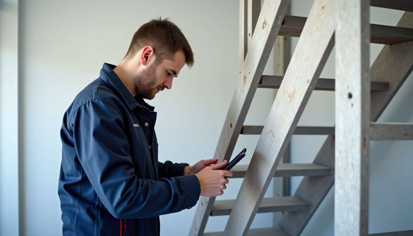 Technicien en train d’installer un monte-escalier à Decazeville