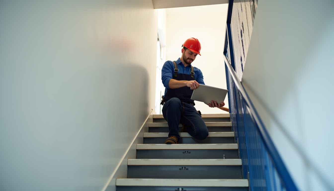 Technicien en train d’installer un monte-escalier à Ferrières-en-Brie