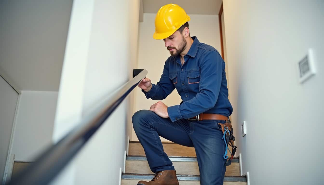 Technicien en train d’installer un monte-escalier à La Tour-de-Salvagny
