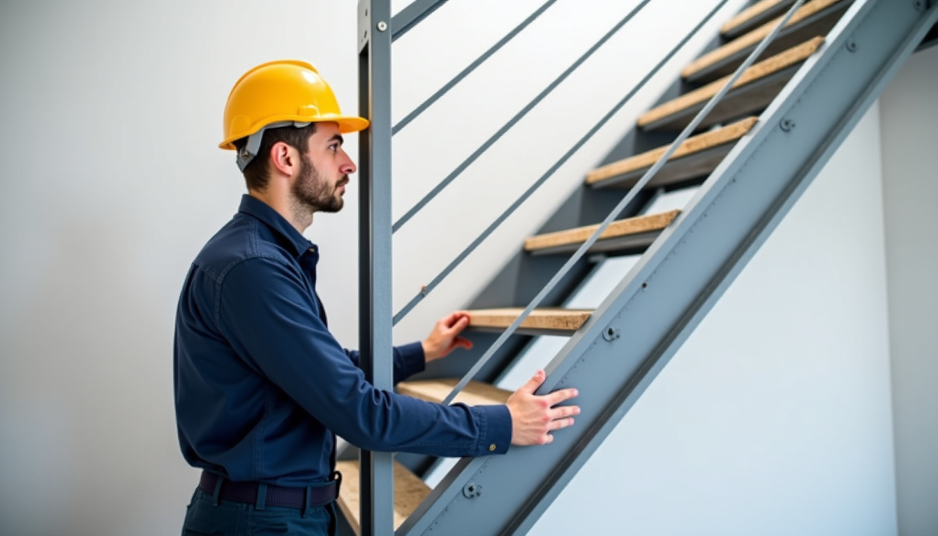 Technicien en train d’installer un monte-escalier à La Voulte-sur-Rhône