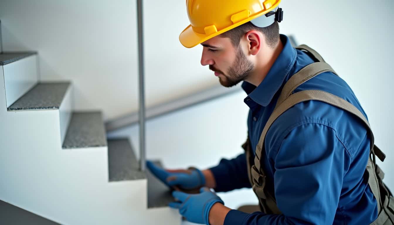 Technicien en train d’installer un monte-escalier à Lovagny