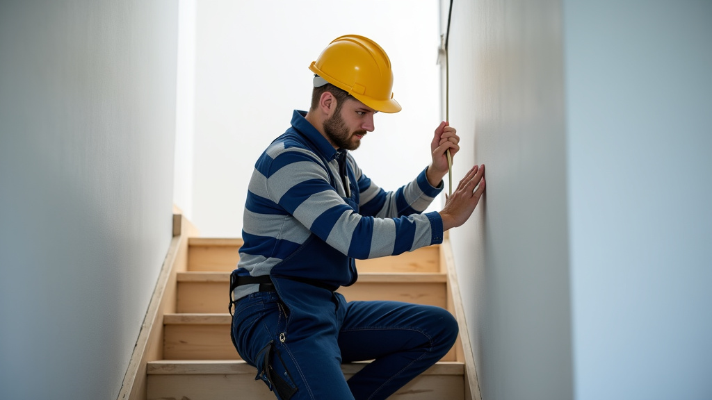 Technicien en train d’installer un monte-escalier à Montberon, vue rapprochée des réglages fins