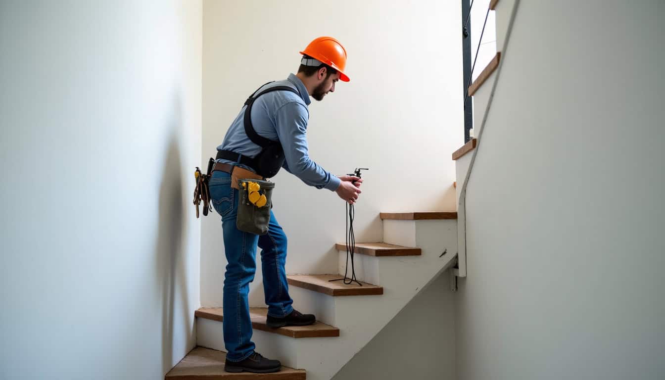 Technicien en train d’installer un monte-escalier à Puylaurens