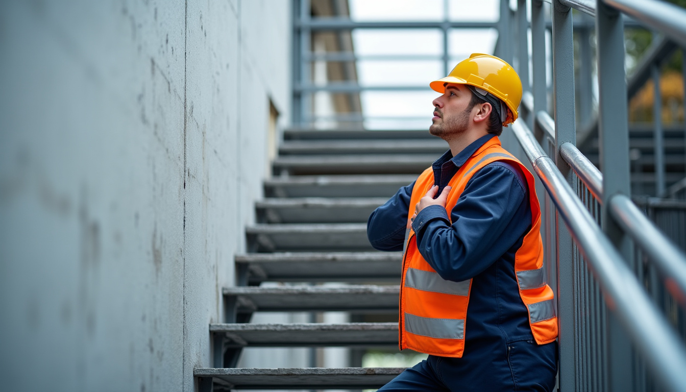 Technicien en train d’installer un monte-escalier à Taluyers, vue du rail en cours de fixation sur les marches