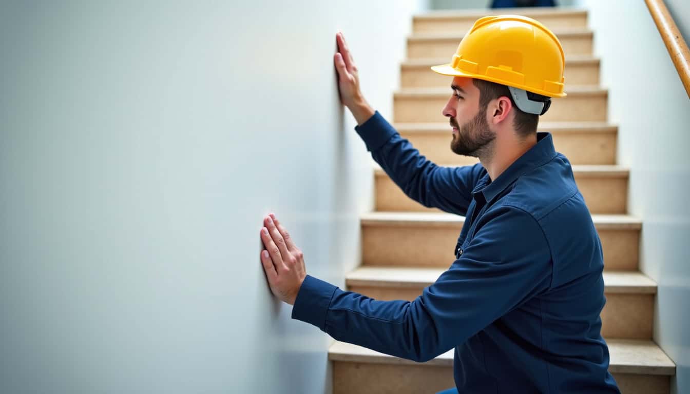Technicien en train d’installer un monte-escalier à Thury-Harcourt-le-Hom