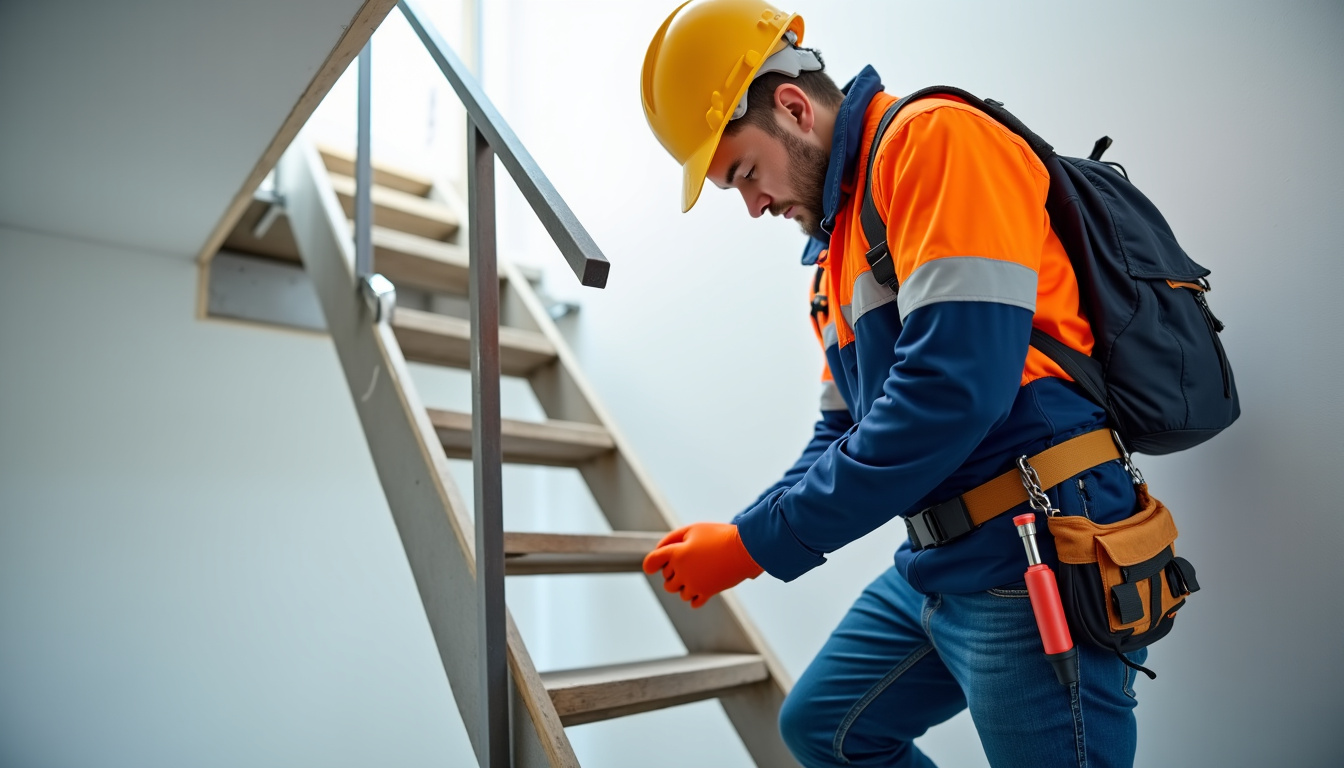 Technicien en train d’installer un monte-escalier à Varennes-le-Grand, avec outils et matériel de sécurité