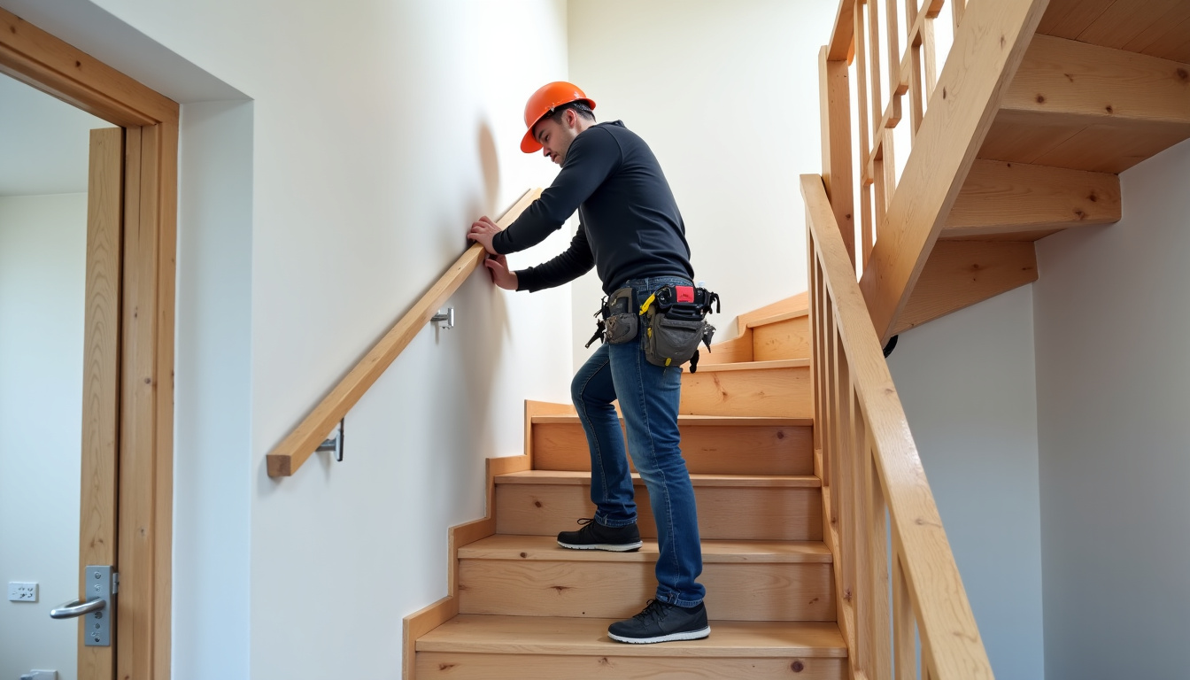 Technicien en train d’installer un monte-escalier courbe dans une maison en Haute-Savoie, avec précision et soin