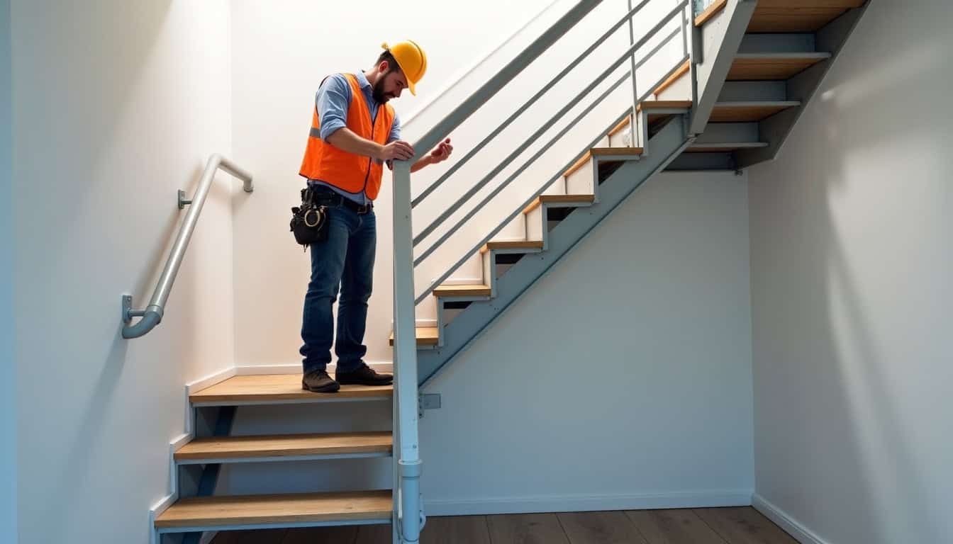 Technicien en train d’installer un monte-escalier dans le Lot-et-Garonne