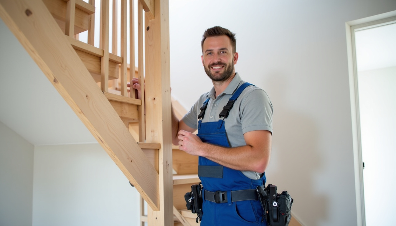 Technicien en train d’installer un monte-escalier dans une habitation à Saint-Paul-de-Varax